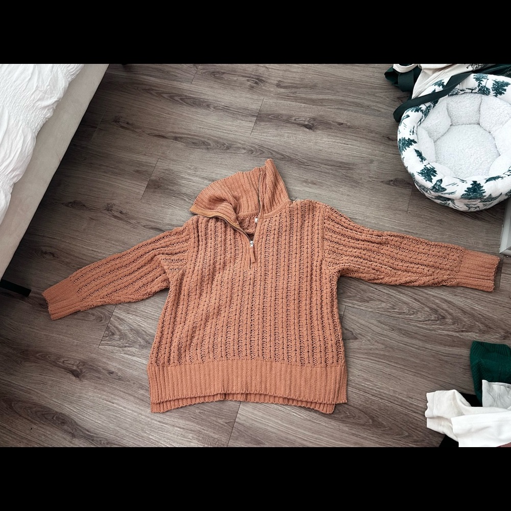 Aerie tan knit quarterzip sweater. Size medium